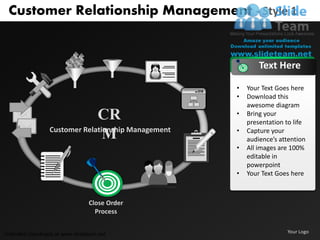Customer Relationship Management - Style 1


                                                            Text Here

                                                    •   Your Text Goes here
                                                    •   Download this
                                                        awesome diagram
                              CR                    •   Bring your
                                                        presentation to life
                 Customer Relationship Management   •   Capture your
                                M                       audience’s attention
                                                    •   All images are 100%
                                                        editable in
                                                        powerpoint
                                                    •   Your Text Goes here



                                 Close Order
                                   Process


Unlimited downloads at www.slideteam.net                             Your Logo
 