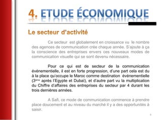 Ce secteur est globalement en croissance vu le nombre
des agences de communication crée chaque année. S’ajoute à ça
la conscience des entreprises envers ces nouveaux modes de
communication visuelle qui se sont devenu nécessaire.

          Pour ce qui est de secteur de la communication
événementielle, il est en forte progression, d’une part cela est du
à la place qu’occupe le Maroc comme destination événementielle
(3ème après l’Egypte et Dubaï), et d’autre part vu la multiplication
du Chiffre d’affaires des entreprises du secteur par 4 durant les
trois dernières années.

        A Safi, ce mode de communication commence à prendre
place doucement et au niveau du marché il y a des opportunités à
saisir.
                                                                       6
 
