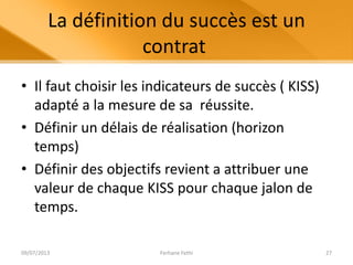 La définition du succès est un
contrat
• Il faut choisir les indicateurs de succès ( KISS)
adapté a la mesure de sa réussite.
• Définir un délais de réalisation (horizon
temps)
• Définir des objectifs revient a attribuer une
valeur de chaque KISS pour chaque jalon de
temps.
09/07/2013 Ferhane Fethi 27
 