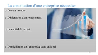 La constitution d'une entreprise nécessite:
o Donner un nom
o Désignation d'un représentant
o Le capital de départ
o Domiciliation de l'entreprise dans un local
21
 