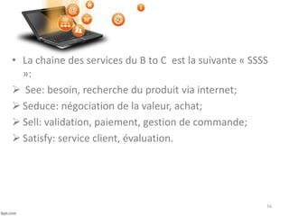• La chaine des services du B to C est la suivante « SSSS
»:
 See: besoin, recherche du produit via internet;
 Seduce: négociation de la valeur, achat;
 Sell: validation, paiement, gestion de commande;
 Satisfy: service client, évaluation.
16
 