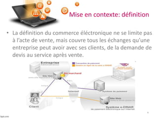 Mise en contexte: définition
• La définition du commerce éléctronique ne se limite pas
à l’acte de vente, mais couvre tous les échanges qu’une
entreprise peut avoir avec ses clients, de la demande de
devis au service après vente.
4
 