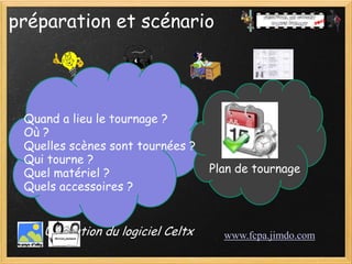 préparation et scénario




 Quand a lieu le tournage ?
 Où ?
 Quelles scènes sont tournées ?
 Qui tourne ?
 Quel matériel ?                    Plan de tournage
 Quels accessoires ?


    Utilisation du logiciel Celtx     www.fcpa.jimdo.com
 