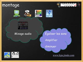 montage




     Mixage audio   Égaliser les sons

                    Amplifier

                    diminuer


                          www.fcpa.jimdo.com
 