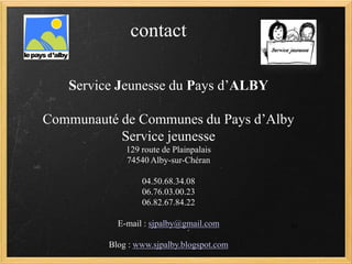 contact

   Service Jeunesse du Pays d’ALBY

Communauté de Communes du Pays d’Alby
           Service jeunesse
             129 route de Plainpalais
             74540 Alby-sur-Chéran

                 04.50.68.34.08
                 06.76.03.00.23
                 06.82.67.84.22

           E-mail : sjpalby@gmail.com      43


         Blog : www.sjpalby.blogspot.com
 