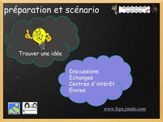 préparation et scénario



   Trouver une idée


                      Discussions
                      Echanges
                      Centres d'intérêt
                      Envies


                                  www.fcpa.jimdo.com
 