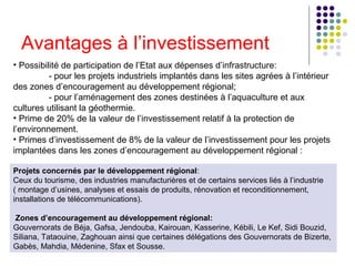 Avantages à l’investissement
• Possibilité de participation de l’Etat aux dépenses d’infrastructure:
- pour les projets industriels implantés dans les sites agrées à l’intérieur
des zones d’encouragement au développement régional;
- pour l’aménagement des zones destinées à l’aquaculture et aux
cultures utilisant la géothermie.
• Prime de 20% de la valeur de l’investissement relatif à la protection de
l’environnement.
• Primes d’investissement de 8% de la valeur de l’investissement pour les projets
implantées dans les zones d’encouragement au développement régional :
Projets concernés par le développement régional:
Ceux du tourisme, des industries manufacturières et de certains services liés à l’industrie
( montage d’usines, analyses et essais de produits, rénovation et reconditionnement,
installations de télécommunications).
Zones d’encouragement au développement régional:
Gouvernorats de Béja, Gafsa, Jendouba, Kairouan, Kasserine, Kébili, Le Kef, Sidi Bouzid,
Siliana, Tataouine, Zaghouan ainsi que certaines délégations des Gouvernorats de Bizerte,
Gabès, Mahdia, Médenine, Sfax et Sousse.

 