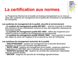 La certification aux normes
Le Programme National de la Qualité se focalise principalement sur la mise en
place des systèmes de management de la qualité afin d’améliorer la compétitivité
de l’entreprise.
Les systèmes de management de la qualité, sécurité et environnement
- Le système de management qualité ISO 9001 : cherche à garantir la maîtrise
des processus et leur amélioration continue en plus des exigences classiques de
l’assurance qualité.
- Le système de management qualité ISO 14001 : définit des exigences pour
mettre en place un système de management environnemental.
- Le système de management qualité OHSAS 18001 : vise à garantir le respect
des règles de santé, de l’hygiène et de la sécurité au sein de l’entreprise.
Les systèmes de management sectoriels de la qualité
- HACCP/ISO22000 : système de management de la sécurité alimentaire
spécifique au secteur de l’industrie Agroalimentaire.
- ISOTS 16949 : système de management de la qualité , exigences relatives à
l’application de l’ISO 9001 dans l’industrie des composantes automobiles.
- EOKOTEX standard 100 : système de contrôle des substances indésirables
dans les produits textiles.
- BRC/IOP : exigence de sécurité de l’emballage agroalimentaire.

 