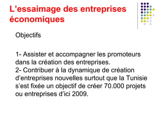 L’essaimage des entreprises
économiques
Objectifs
1- Assister et accompagner les promoteurs
dans la création des entreprises.
2- Contribuer à la dynamique de création
d’entreprises nouvelles surtout que la Tunisie
s’est fixée un objectif de créer 70.000 projets
ou entreprises d’ici 2009.

 