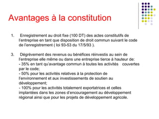 Avantages à la constitution Enregistrement au droit fixe (100 DT) des actes constitutifs de l’entreprise en tant que disposition de droit commun suivant le code de l’enregistrement ( loi 93-53 du 17/5/93 ).  Dégrèvement des revenus ou bénéfices réinvestis au sein de l’entreprise elle même ou dans une entreprise tierce à hauteur de:   - 35% en tant qu’avantage commun à toutes les activités  couvertes par le code;  - 50% pour les activités relatives à la protection de  l’environnement et aux investissements de soutien au  développement;   - 100% pour les activités totalement exportatrices et celles  implantées dans les zones d’encouragement au développement  régional ainsi que pour les projets de développement agricole.  
