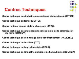 Centres Techniques Centre technique des industries mécaniques et électriques (CETIME) Centre technique du textile (CETTEX) Centre national du cuir et de la chaussure (CNCC)   Centre technique des matériaux de construction, de la céramique et du verre (CTMCCV)   Centre technique de l’emballage et du conditionnement (PACKTEC)   Centre technique de la chimie (CTC)   Centre technique de l’agroalimentaire (CTAA)   Centre technique de l'industrie du bois et de l’ameublement (CETIBA)  