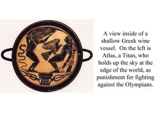 A view inside of a
  shallow Greek wine
  vessel. On the left is
   Atlas, a Titan, who
 holds up the sky at the
  edge of the world, as
punishment for fighting
against the Olympians.
 