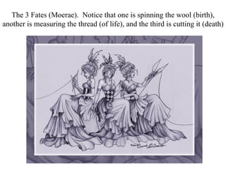 The 3 Fates (Moerae). Notice that one is spinning the wool (birth),
another is measuring the thread (of life), and the third is cutting it (death)
 