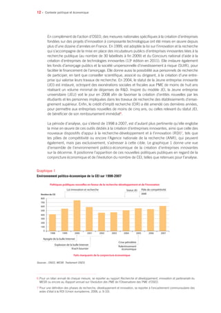 12 •
6 Pour un bilan annuel de chaque mesure, se reporter au rapport Recherche et développement, innovation et partenariats du
MESR ou encore au Rapport annuel sur l’évolution des PME de l’Observatoire des PME d’OSEO.
7 Pour une définition des phases de recherche, développement et innovation, se reporter à l’encadrement communautaire des
aides d’état à la RDI (Union européenne, 2006, p. 9-10).
En complément de l’action d’OSEO, des mesures nationales spécifiques à la création d’entreprises
fondées sur des projets d’innovation à composante technologique ont été mises en œuvre depuis
plus d’une dizaine d’années en France. En 1999, est adoptée la loi sur l’innovation et la recherche
qui s’accompagne de la mise en place des incubateurs publics d’entreprises innovantes liées à la
recherche publique (au nombre de 30 labellisés à fin 2009) et du Concours national d’aide à la
création d’entreprises de technologies innovantes (13e
édition en 2011). Elle instaure également
les fonds d’amorçage publics et la société unipersonnelle d’investissement à risque (SUIR), pour
faciliter le financement de l’amorçage. Elle donne aussi la possibilité aux personnels de recherche
de participer, en tant que conseiller scientifique, associé ou dirigeant, à la création d’une entre-
prise qui valorise leurs travaux de recherche. En 2004, le statut de la Jeune entreprise innovante
(JEI) est instauré, octroyant des exonérations sociales et fiscales aux PME de moins de huit ans
réalisant un volume minimal de dépenses de RD. Inspiré du modèle JEI, la Jeune entreprise
universitaire (JEU) voit le jour en 2008 afin de favoriser la création d’entités nouvelles par les
étudiants et les personnes impliquées dans les travaux de recherche des établissements d’ensei-
gnement supérieur. Enfin, le crédit d’impôt recherche (CIR) a été amendé ces dernières années,
pour permettre aux entreprises nouvelles de moins de cinq ans, ou celles relevant du statut JEI,
de bénéficier de son remboursement immédiat6
.
La période d’analyse, qui s’étend de 1998 à 2007, est d’autant plus pertinente qu’elle englobe
la mise en œuvre de ces outils dédiés à la création d’entreprises innovantes, ainsi que celle des
nouveaux dispositifs d’appui à la recherche-développement et à l’innovation (RDI)7
, tels que
les pôles de compétitivité ou encore l’Agence nationale de la recherche (ANR), qui peuvent
également, mais pas exclusivement, s’adresser à cette cible. Le graphique 1 donne une vue
d’ensemble de l’environnement politico-économique de la création d’entreprises innovantes
sur la décennie. Il positionne l’apparition de ces nouvelles politiques publiques en regard de la
conjoncture économique et de l’évolution du nombre de CEI, telles que retenues pour l’analyse.
0
100
1998
Apogée de la bulle Internet
Loi innovation et recherche
Politiques publiques nouvelles en faveur de la recherche-développement et de l’innovation
Faits marquants de la conjoncture économique
Statut JEI Pôle de compétitivité
ANR
Explosion de la bulle Internet
Crise pétrolière
Ralentissement
économiqueKrach boursier
1999 2000 2001 2002 2003 2004 2005 2006 2007
200
300
400
500
600
700
800
Nombre de CEI
Sources : OSEO, MESR. Traitement OSEO.
Graphique 1
Environnement politico-économique de la CEI sur 1998-2007
Contexte politique et économique
 