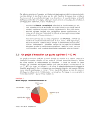 • 19
Par ailleurs, des projets d’innovation sont également développés dans les thématiques du traite-
ment des déchets et des effluents, ainsi que des outils d’analyse, de mesure et de contrôle de
l’environnement, de la production d’énergie verte, de systèmes de surveillance pour la sécurité,
de l’équipement et des services pour le transport routier, aérien et aéronautique, des structures et
enveloppes dans le bâtiment, ou de la mécatronique.
Innovations en mesure  automatique : instrument de mesure olfactive, du vent,
de la teneur en eau ou de la corrosion, machine automatique de contrôle optique
d’aspect, matériel de distribution automatique (alimentation, fleur, médicament),
automate d’analyse médicale, bras manipulateur, sondeur multifréquence de
chalut sans fil, détecteur d’authenticité de billet de banque, système de comptage
de piétons ou de véhicules, robotisation…
Innovations dérivées des nouvelles compétences en mécanique : méthode de
récolte ou de conditionnement de bouquets de fleurs, brosse à dents ergonomique,
trieuse automatisée à partir d’analyse d’image ou de reconnaissance de forme,
pompe à haute pression, confinement de ligne de tranchage-conditionnement
alimentaire, appareil de stabilisation du mouvement, clapet pour moteur, machine
de découpe laser, unité mobile de désalinisation, motorisation (véhicule hybride)...
2.3- 	Un projet d’innovation sur quatre supérieur à 440 k€
Les projets d’innovation sont plus ou moins avancés au moment de la création juridique de
l’entreprise innovante : certains sont en phase de faisabilité technico-économique, d’autres
en phase suivante de développement de l’innovation. Le stade de maturité du projet
influence par conséquent les résultats obtenus sur la taille des projets d’innovation portés par
ces CEI. 47 % des projets sont inférieurs à 100 k€ car ils relèvent majoritairement de travaux de
faisabilité (graphique 5). Ceci ne préjuge en rien du niveau des dépenses ultérieures en RDI pour
mener à bien le projet puisque ce montant s’élève à plus de 411 k€ pour la moitié des projets en
développement. Cependant, c’est à ce stade – dans sa phase d’amorçage et avec ce projet à ce
niveau d’avancement – que la CEI est analysée ici.
Sources : OSEO, MESR. Traitement OSEO.
1 000 k€ et plus
7 %
Entre 100 k€ et 500 k€
31 %
Entre 500 k€ et 1 000 k€
15 %
Inférieur à 100 k€
47 %
Graphique 5
Montant des projets d’innovation sous-tendant la CEI
Périmètre des projets d’innovation
 
