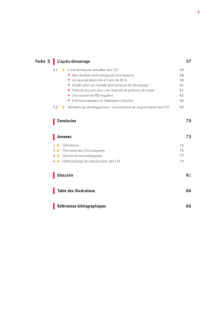 • 7
Partie 5		 L’après-démarrage	 57
	 	
	5.1.		 Caractéristiques actuelles des CEI ___________________________________ 58
			 	 • Des résultats technologiques prometteurs__________________________ 58
			 	 • Un taux de pérennité à 5 ans de 85 %_______________________________ 58
			 	 • Modification du modèle économique de démarrage__________________ 61
			 	 • Perte de pouvoir pour une majorité de porteurs de projet_______________ 61
			 	 • Une activité de RDI régulière_______________________________________ 62
			 	 • Internationalisation et filialisation d’activité___________________________ 63
	5.2.		 Modèles de développement : une tentative de segmentation des CEI______ 63
		Conclusion 	 70
	 	
		Annexes 	 73
	 	
	1.		 Définitions __________________________________________________________ 74
	2.		 Périmètre des CEI analysées___________________________________________ 75
	3.		 Domaines technologiques_____________________________________________ 77
	4.		 Méthodologie de classification des CEI__________________________________ 79
		Glossaire 	 81	 	
		Table des illustrations 	 84	 	
		Références bibliographiques 	 86	 	
 