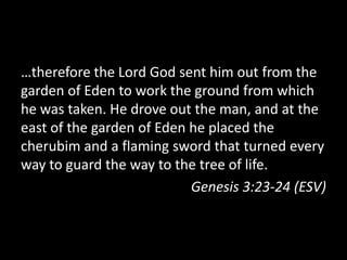 …therefore the Lord God sent him out from the
garden of Eden to work the ground from which
he was taken. He drove out the man, and at the
east of the garden of Eden he placed the
cherubim and a flaming sword that turned every
way to guard the way to the tree of life.
                           Genesis 3:23-24 (ESV)
 