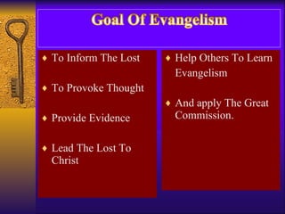 To Inform The Lost To Provoke Thought Provide Evidence Lead The Lost To Christ Help Others To Learn Evangelism And apply The Great Commission. 