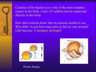Creation of the human eye is one of the most complex organs in the body. It has 137 million nerves connected directly to the brain. How did evolution know that its animals needed to see. Why didn’t it just have long arms to feel its way around? Like bacteria.  A designer perhaps? Focus Issues 