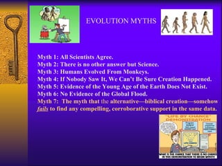 EVOLUTION MYTHS Myth 1: All Scientists Agree. Myth 2: There is no other answer but Science. Myth 3: Humans Evolved From Monkeys. Myth 4: If Nobody Saw It, We Can’t Be Sure Creation Happened. Myth 5: Evidence of the Young Age of the Earth Does Not Exist. Myth 6: No Evidence of the Global Flood. Myth 7:  The myth that  the  alternative—biblical creation—somehow  fails  to find any compelling, corroborative support in the same data. 