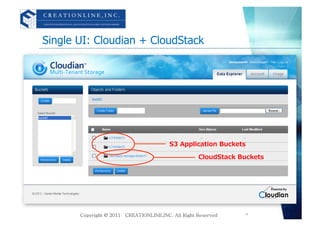 Single UI: Cloudian + CloudStack 	




                          S3	
 &nbsp;Application	
 &nbsp;Buckets	
 &nbsp;

                                     CloudStack	
 &nbsp;Buckets	
 &nbsp;




                                                         18	
 