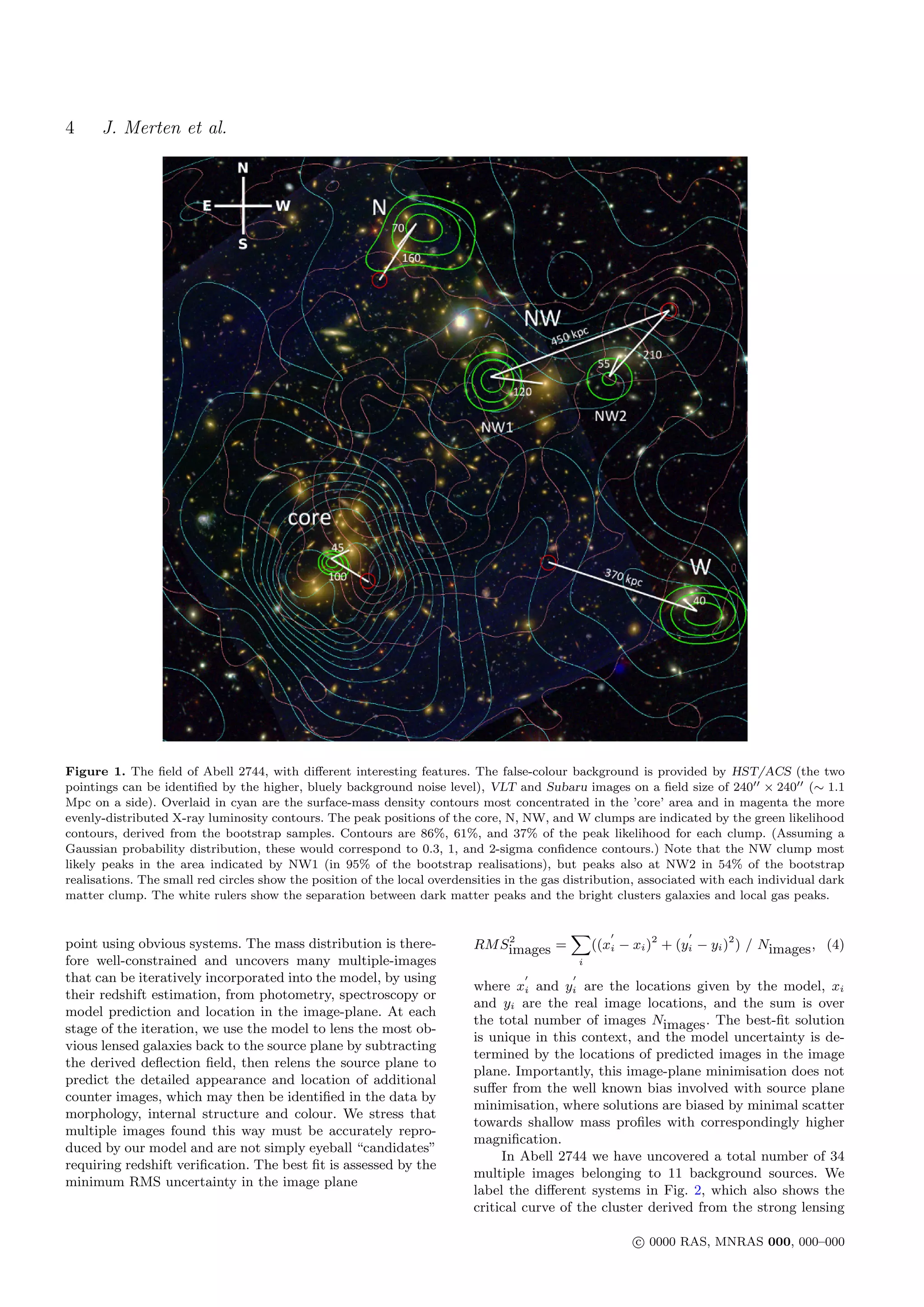 4     J. Merten et al.




Figure 1. The ﬁeld of Abell 2744, with diﬀerent interesting features. The false-colour background is provided by HST/ACS (the two
pointings can be identiﬁed by the higher, bluely background noise level), VLT and Subaru images on a ﬁeld size of 240 × 240 (∼ 1.1
Mpc on a side). Overlaid in cyan are the surface-mass density contours most concentrated in the ’core’ area and in magenta the more
evenly-distributed X-ray luminosity contours. The peak positions of the core, N, NW, and W clumps are indicated by the green likelihood
contours, derived from the bootstrap samples. Contours are 86%, 61%, and 37% of the peak likelihood for each clump. (Assuming a
Gaussian probability distribution, these would correspond to 0.3, 1, and 2-sigma conﬁdence contours.) Note that the NW clump most
likely peaks in the area indicated by NW1 (in 95% of the bootstrap realisations), but peaks also at NW2 in 54% of the bootstrap
realisations. The small red circles show the position of the local overdensities in the gas distribution, associated with each individual dark
matter clump. The white rulers show the separation between dark matter peaks and the bright clusters galaxies and local gas peaks.


                                                                              2
                                                                                            X
point using obvious systems. The mass distribution is there-              RM Simages =           ((xi − xi )2 + (yi − yi )2 ) / Nimages , (4)
fore well-constrained and uncovers many multiple-images                                      i
that can be iteratively incorporated into the model, by using
                                                                          where xi and yi are the locations given by the model, xi
their redshift estimation, from photometry, spectroscopy or
                                                                          and yi are the real image locations, and the sum is over
model prediction and location in the image-plane. At each
                                                                          the total number of images Nimages . The best-ﬁt solution
stage of the iteration, we use the model to lens the most ob-
                                                                          is unique in this context, and the model uncertainty is de-
vious lensed galaxies back to the source plane by subtracting
                                                                          termined by the locations of predicted images in the image
the derived deﬂection ﬁeld, then relens the source plane to
                                                                          plane. Importantly, this image-plane minimisation does not
predict the detailed appearance and location of additional
                                                                          suﬀer from the well known bias involved with source plane
counter images, which may then be identiﬁed in the data by
                                                                          minimisation, where solutions are biased by minimal scatter
morphology, internal structure and colour. We stress that
                                                                          towards shallow mass proﬁles with correspondingly higher
multiple images found this way must be accurately repro-
                                                                          magniﬁcation.
duced by our model and are not simply eyeball “candidates”
                                                                               In Abell 2744 we have uncovered a total number of 34
requiring redshift veriﬁcation. The best ﬁt is assessed by the
                                                                          multiple images belonging to 11 background sources. We
minimum RMS uncertainty in the image plane
                                                                          label the diﬀerent systems in Fig. 2, which also shows the
                                                                          critical curve of the cluster derived from the strong lensing

                                                                                                        c 0000 RAS, MNRAS 000, 000–000
 