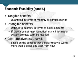 17
Economic Feasibility (cont’d.)
• Tangible benefits
– Quantified in terms of monthly or annual savings
• Intangible benefits
– Difficult to quantify in terms of dollar amounts
– If they aren’t at least identified, many information
system projects can’t be justified
• Cost-effectiveness analysis
– Based on the concept that a dollar today is worth
more than a dollar one year from now
 