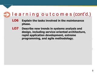 3
LO6 Explain the tasks involved in the maintenance
phase.
LO7 Describe new trends in systems analysis and
design, including service-oriented architecture,
rapid application development, extreme
programming, and agile methodology.
l e a r n i n g o u t c o m e s (cont’d.)
 