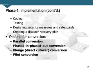 35
Phase 4: Implementation (cont’d.)
– Coding
– Testing
– Designing security measures and safeguards
– Creating a disaster recovery plan
• Options for conversion:
– Parallel conversion
– Phased-in-phased-out conversion
– Plunge (direct cutover) conversion
– Pilot conversion
 
