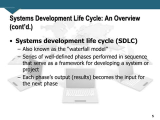 5
Systems Development Life Cycle: An Overview
(cont’d.)
• Systems development life cycle (SDLC)
– Also known as the “waterfall model”
– Series of well-defined phases performed in sequence
that serve as a framework for developing a system or
project
– Each phase’s output (results) becomes the input for
the next phase
 
