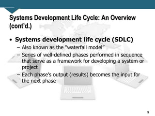 5
Systems Development Life Cycle: An Overview
(cont’d.)
• Systems development life cycle (SDLC)
– Also known as the “water...