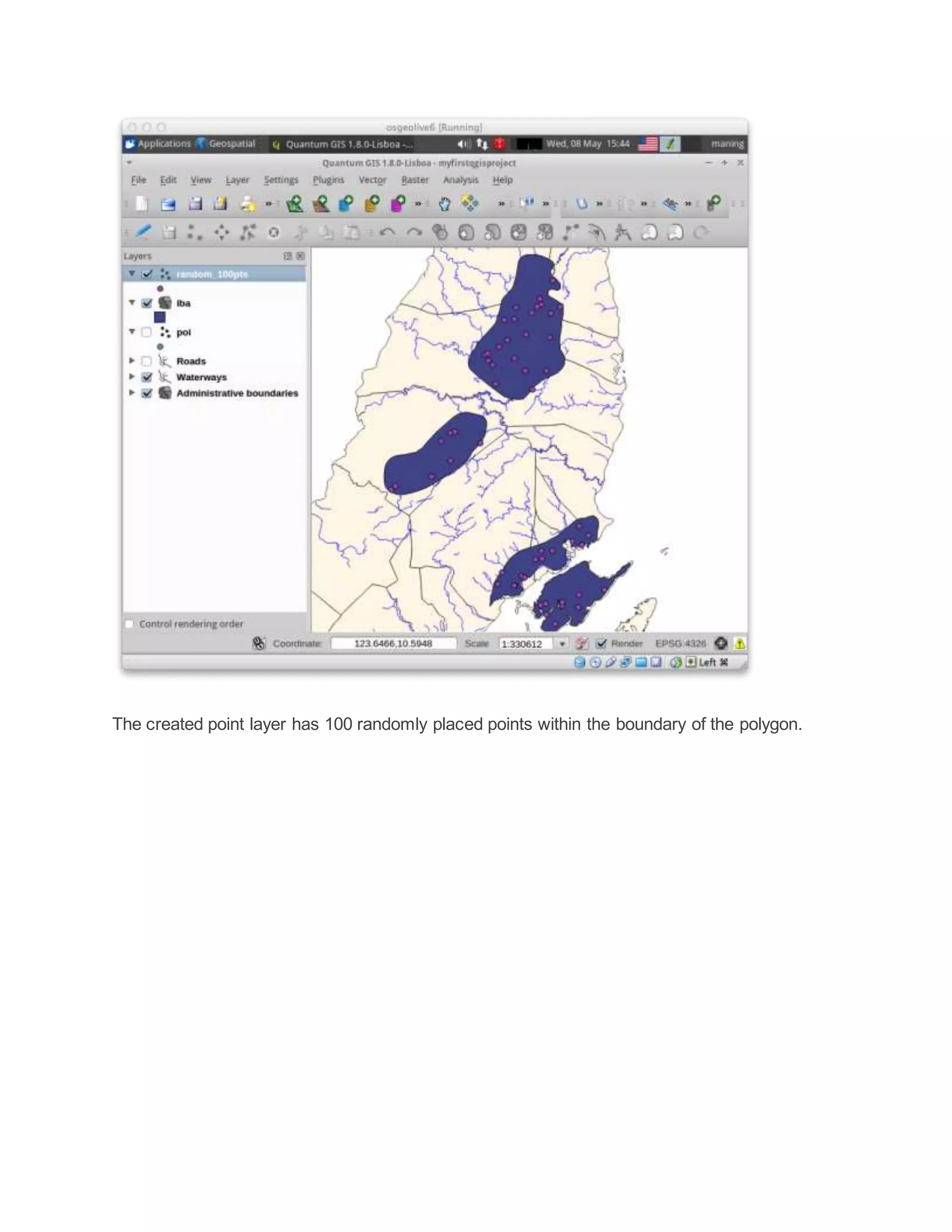 The created point layer has 100 randomly placed points within the boundary of the polygon.
 