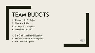 TEAM BUDOTS
1. Romeo, Jr. E. Bejar
2. Sherwin P. Uy
3. Arbaya A. Lamptan
4. Wendelyn M. Alo
1. Sir Christian Lloyd Readino
2. Ma’am Yvonne P. Ochagabia
3. Sir Leonard Egonia
 