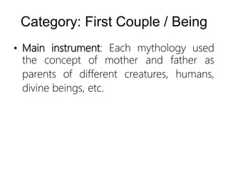 Category: First Couple / Being
• Main instrument: Each mythology used
the concept of mother and father as
parents of different creatures, humans,
divine beings, etc.
 