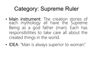 Category: Supreme Ruler
• Main instrument: The creation stories of
each mythology all have the Supreme
Being as a god father (man). Each has
responsibilities to take care all about the
created things in the world.
• IDEA: “Man is always superior to woman.”
 
