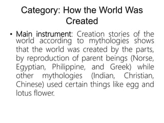 Category: How the World Was
Created
• Main instrument: Creation stories of the
world according to mythologies shows
that the world was created by the parts,
by reproduction of parent beings (Norse,
Egyptian, Philippine, and Greek) while
other mythologies (Indian, Christian,
Chinese) used certain things like egg and
lotus flower.
 