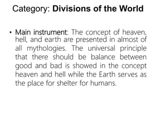 Category: Divisions of the World
• Main instrument: The concept of heaven,
hell, and earth are presented in almost of
all mythologies. The universal principle
that there should be balance between
good and bad is showed in the concept
heaven and hell while the Earth serves as
the place for shelter for humans.
 
