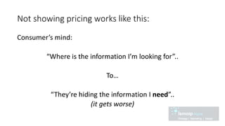 Not showing pricing works like this:
Consumer’s mind:
“Where is the information I’m looking for”..
To…
“They’re hiding the information I need”..
(it gets worse)
 