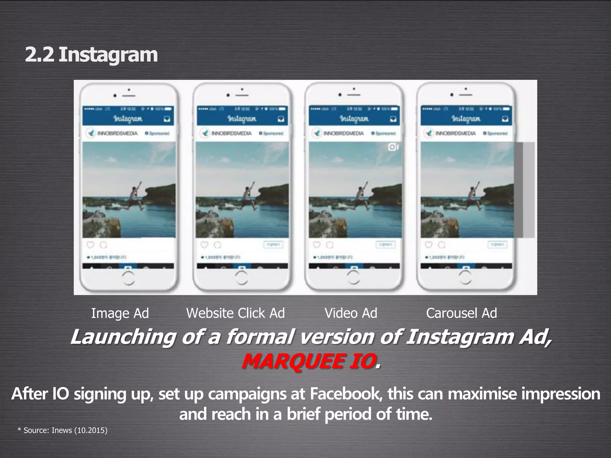 After IO signing up, set up campaigns at Facebook, this can maximise impression
and reach in a brief period of time.
2.2 Instagram
Image Ad
Launching of a formal version of Instagram Ad,
MARQUEE IO.
* Source: Inews (10.2015)
Website Click Ad Video Ad Carousel Ad
 