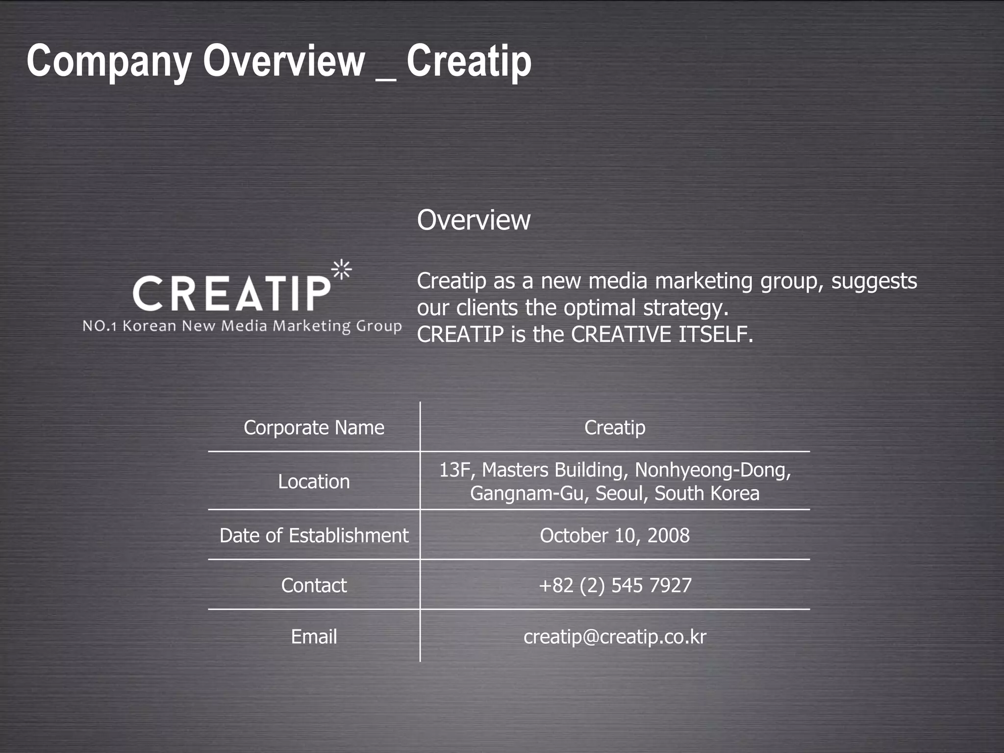Overview
Creatip as a new media marketing group, suggests
our clients the optimal strategy.
CREATIP is the CREATIVE ITSELF.
Corporate Name Creatip
Location
13F, Masters Building, Nonhyeong-Dong,
Gangnam-Gu, Seoul, South Korea
Date of Establishment October 10, 2008
Contact +82 (2) 545 7927
Email creatip@creatip.co.kr
Company Overview _ Creatip
 