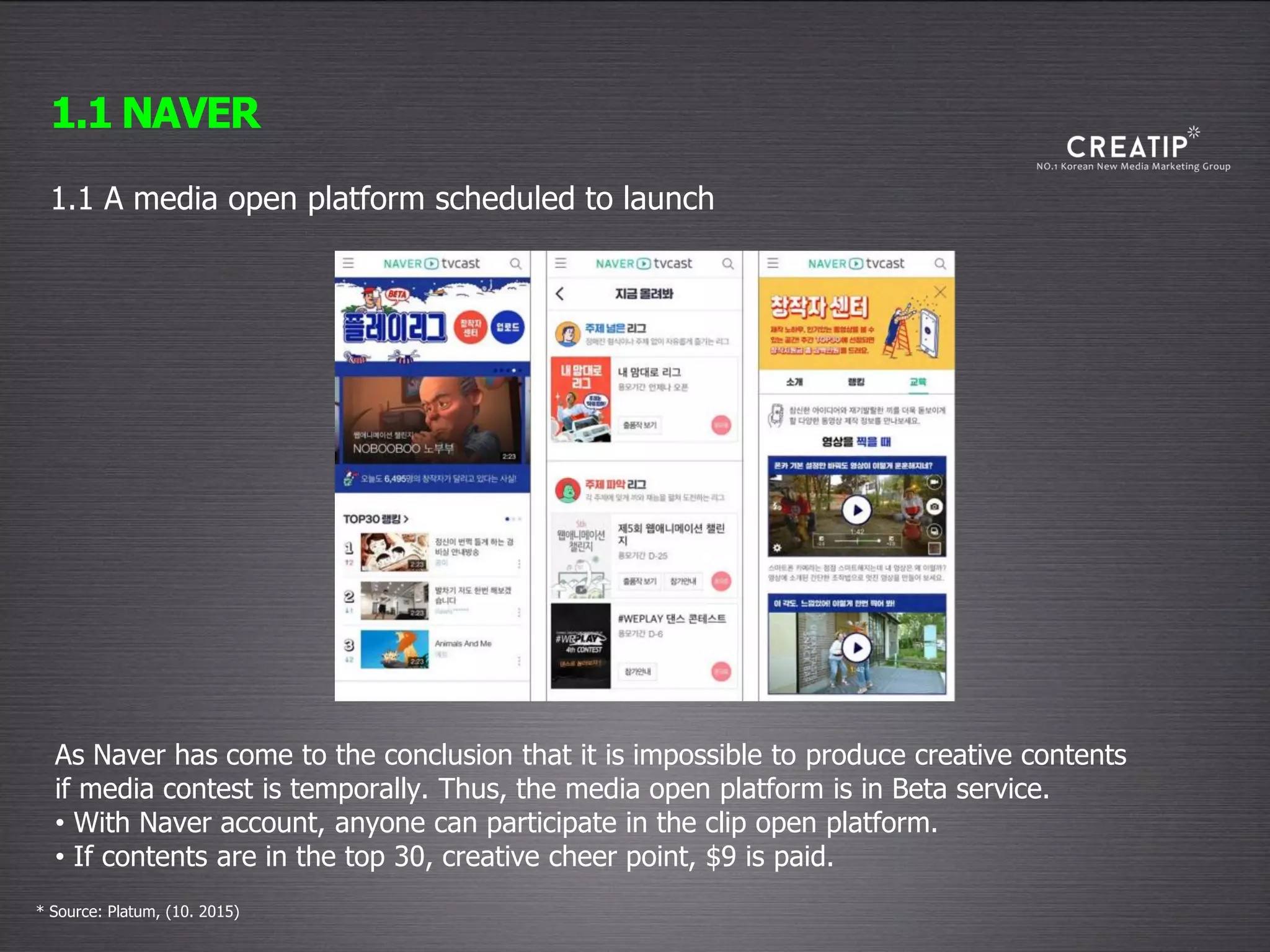1.1 NAVER
* Source: Platum, (10. 2015)
1.1 A media open platform scheduled to launch
As Naver has come to the conclusion that it is impossible to produce creative contents
if media contest is temporally. Thus, the media open platform is in Beta service.
• With Naver account, anyone can participate in the clip open platform.
• If contents are in the top 30, creative cheer point, $9 is paid.
 