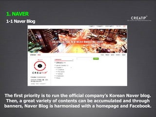 12
1-1 Naver Blog
1. NAVER
The first priority is to run the official company’s Korean Naver blog.
Then, a great variety of contents can be accumulated and through
banners, Naver Blog is harmonised with a homepage and Facebook.
 