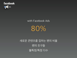 Ads
80%
팬의 친구들
불특정/특정 다수
with Facebook Ads
새로운 콘텐츠를 접하는 팬의 비율
 