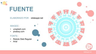 FUENTE
ELABORADO POR : slidesppt.net
IMAGES :
• unsplash.com
• pixabay.com
FONTS :
• Roboto Slab Regular
• Arial
slidesppt.net
 