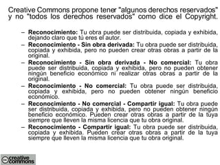Creative Commons propone tener "algunos derechos reservados" y no "todos los derechos reservados" como dice el Copyright. Reconocimiento:  Tu obra puede ser distribuida, copiada y exhibida, dejando claro que tú eres el autor.  Reconocimiento - Sin obra derivada:  Tu obra puede ser distribuida, copiada y exhibida, pero no pueden crear otras obras a partir de la original.  Reconocimiento - Sin obra derivada - No comercial:  Tu obra puede ser distribuida, copiada y exhibida, pero no pueden obtener ningún beneficio económico ni realizar otras obras a partir de la original.  Reconocimiento - No comercial:  Tu obra puede ser distribuida, copiada y exhibida, pero no pueden obtener ningún beneficio económico.  Reconocimiento - No comercial - Compartir igual:  Tu obra puede ser distribuida, copiada y exhibida, pero no pueden obtener ningún beneficio económico. Pueden crear otras obras a partir de la tuya siempre que lleven la misma licencia que tu obra original.  Reconocimiento - Compartir igual:  Tu obra puede ser distribuida, copiada y exhibida. Pueden crear otras obras a partir de la tuya siempre que lleven la misma licencia que tu obra original. 