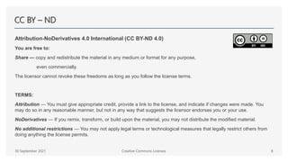 CC BY – ND
Attribution-NoDerivatives 4.0 International (CC BY-ND 4.0)
You are free to:
Share — copy and redistribute the material in any medium or format for any purpose,
even commercially.
The licensor cannot revoke these freedoms as long as you follow the license terms.
TERMS:
Attribution — You must give appropriate credit, provide a link to the license, and indicate if changes were made. You
may do so in any reasonable manner, but not in any way that suggests the licensor endorses you or your use.
NoDerivatives — If you remix, transform, or build upon the material, you may not distribute the modified material.
No additional restrictions — You may not apply legal terms or technological measures that legally restrict others from
doing anything the license permits.
30 September 2021 Creative Commons Licenses 8
 