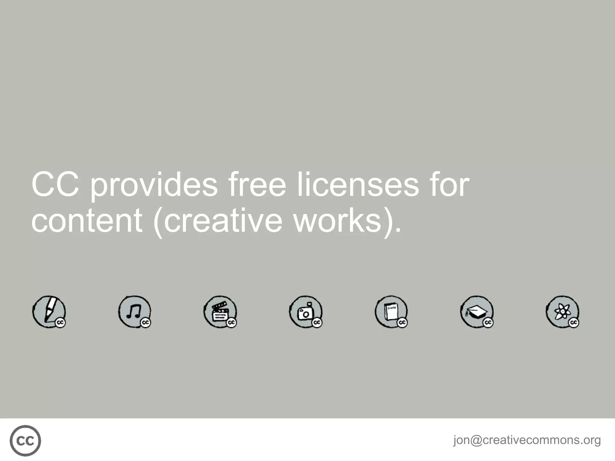 CC provides free licenses for content (creative works). 