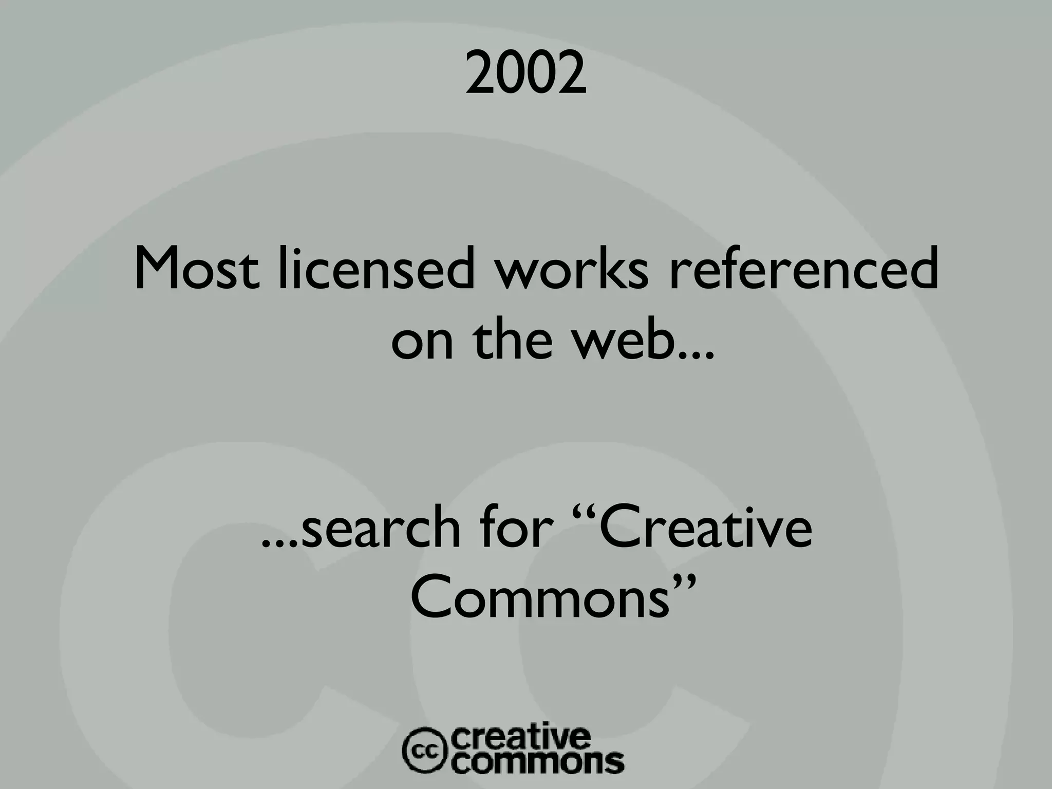 Most licensed works referenced on the web... ...search for “Creative Commons” 2002 