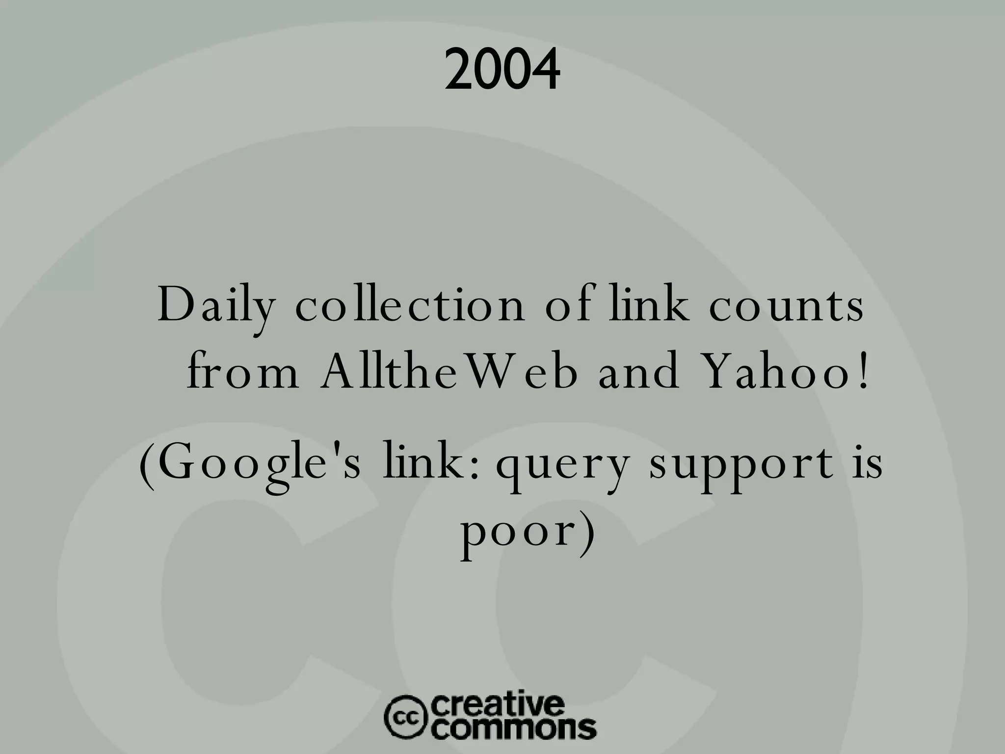Daily collection of link counts from AlltheWeb and Yahoo! (Google's link: query support is poor)‏ 2004 