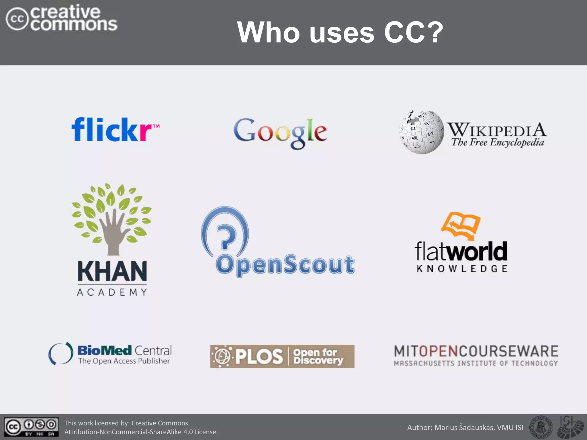 Who uses CC?
This work licensed by: Creative Commons
Attribution-NonCommercial-ShareAlike 4.0 License
Author: Marius Šadauskas, VMU ISI
 